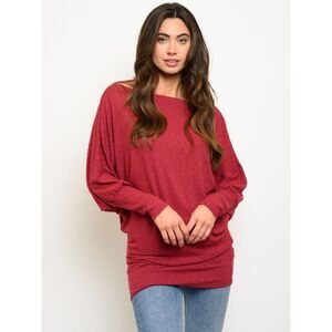 1A Burgundy Cozy Casual Solid Dolman Tunic Knit Wide Neck Top